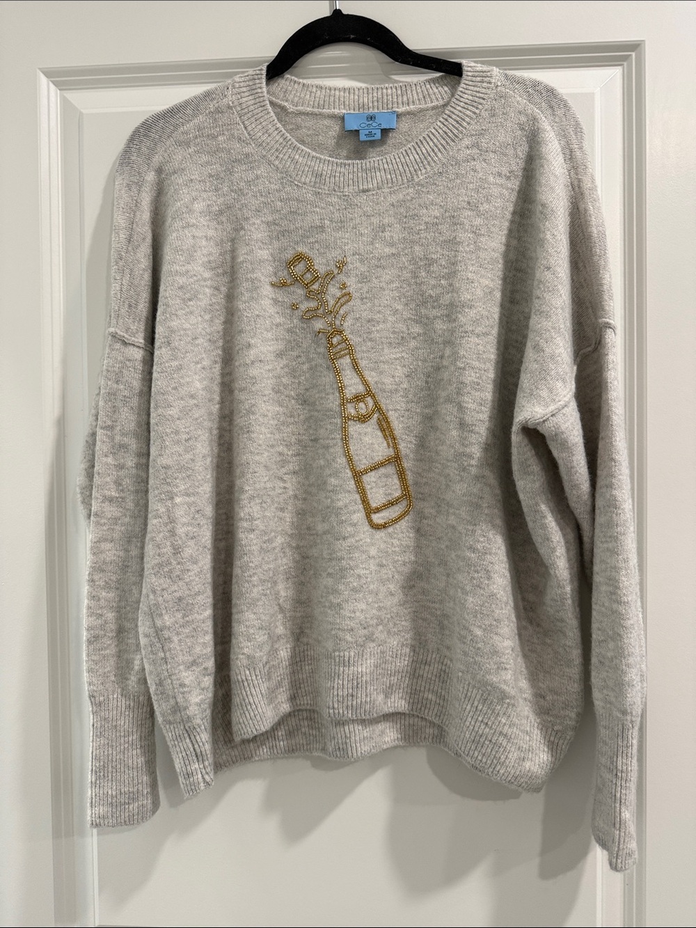 Cece Light Gray Embellished Bottle Graphic Sweater sz m